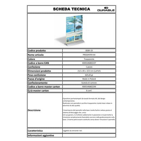 Espositore portastampati da tavolo DURABLE PRESENTER A4 trasparente 858919